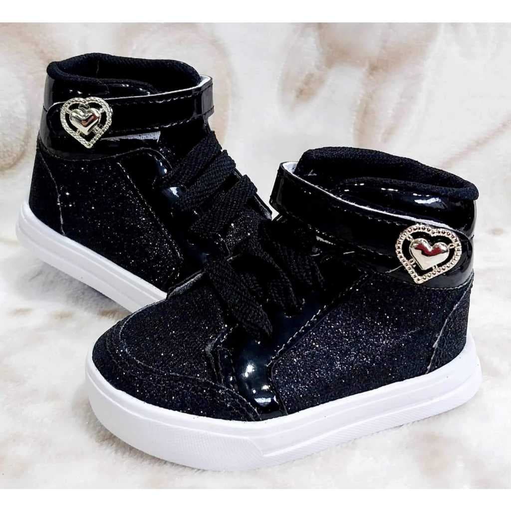 Tênis estilo botinha Preto com gliter para menina cano alto
