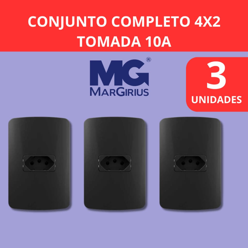 CONJUNTOS 4X2 COMPLETO TOMADA 10A- MARGIRIUS B3 PRETO BLACK- 1 Á 3 UNIDADES