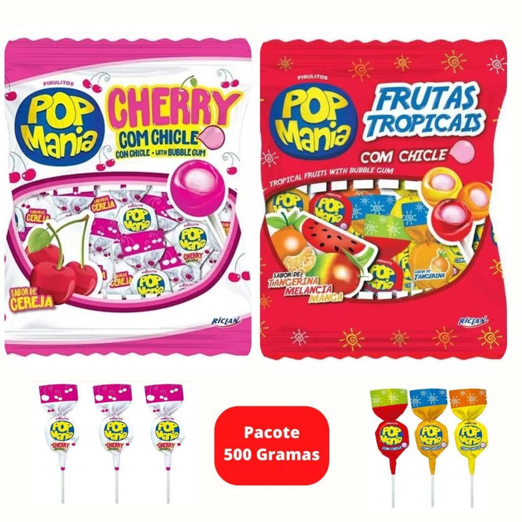 Pirulito Pop Mania Pacote 500 gramas com 50 Unidades - Sabores Cherry e Frutas Tropicais