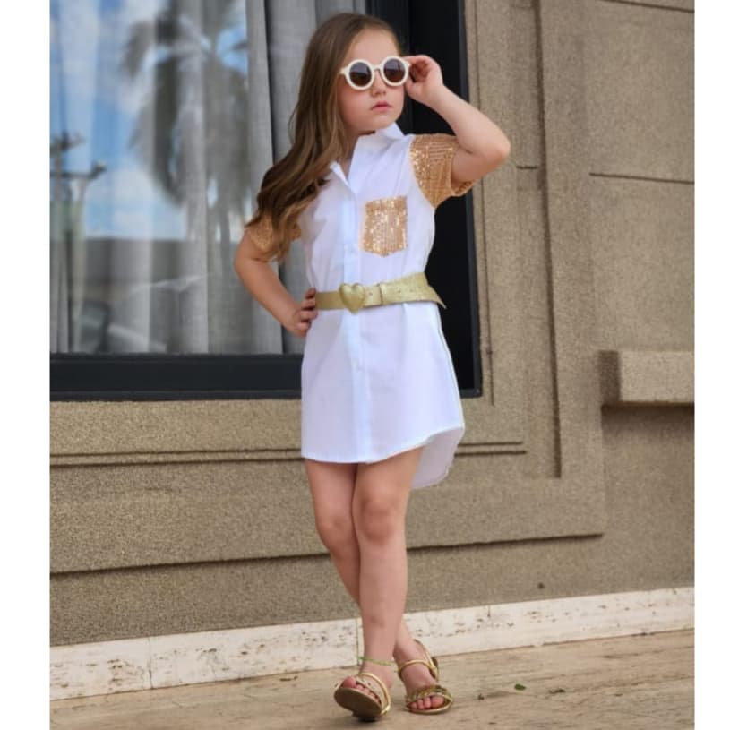 Vestido Chemise Infantil Feminino con Botoes  en Tricoline con detalhe en Paite