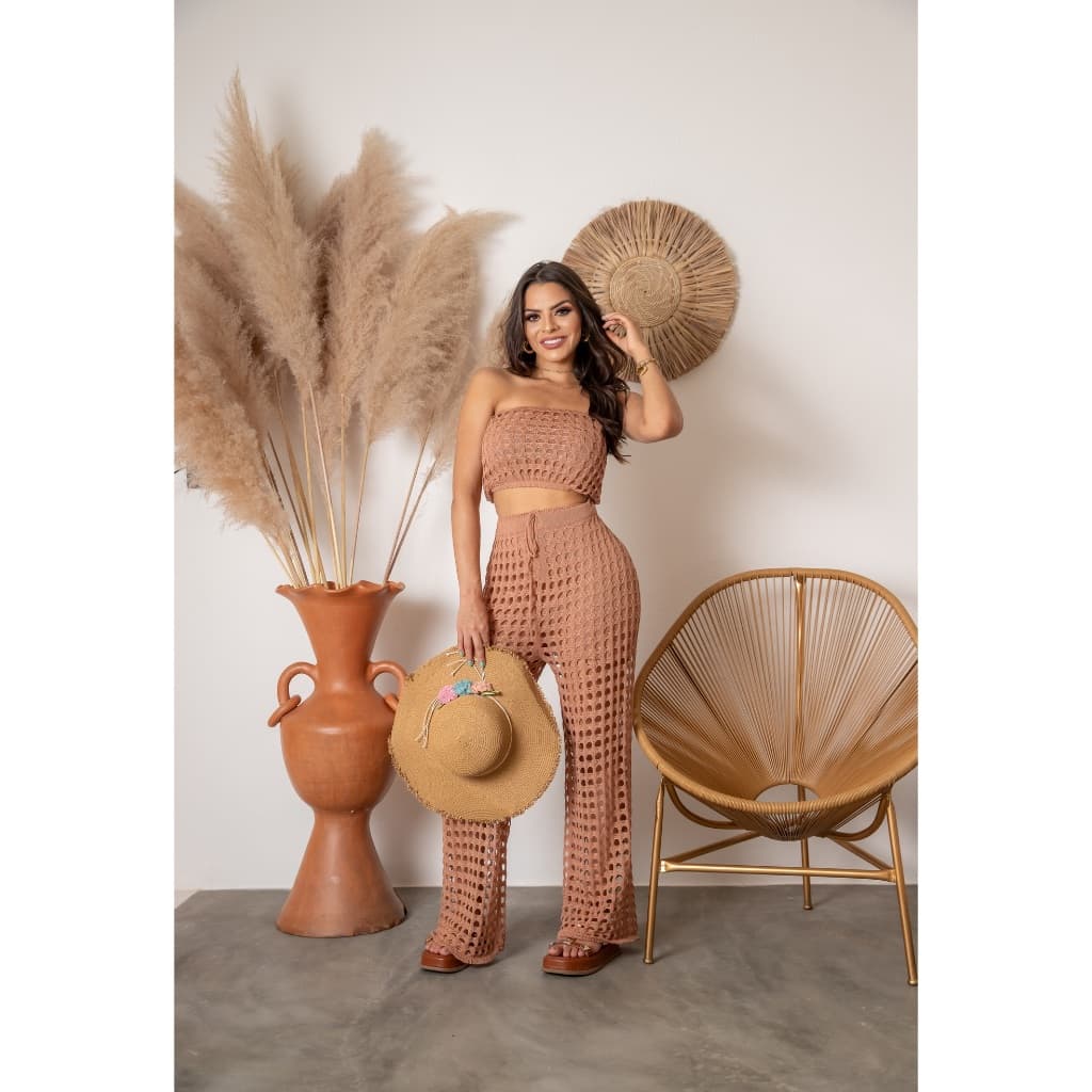 Conjunto Saída De Praia Calça Pantalona E Cropped Tricot Verão