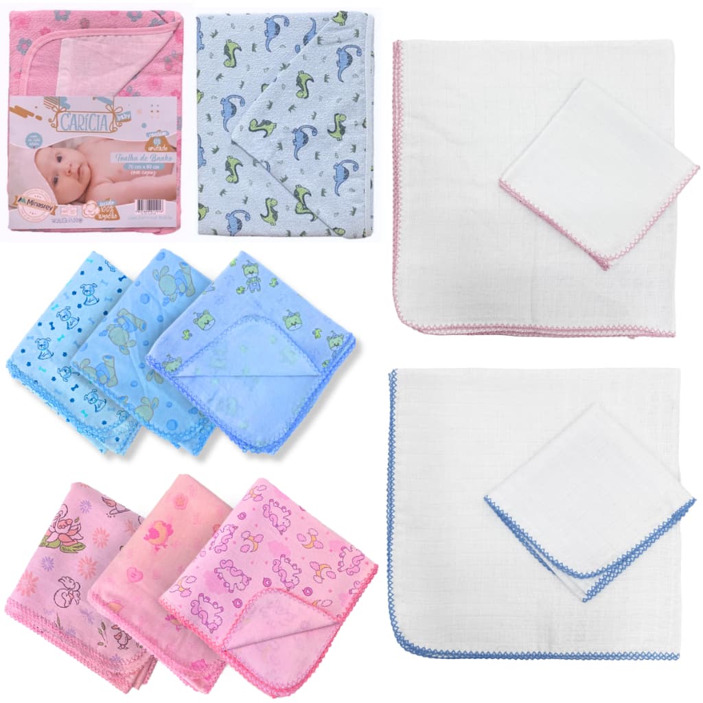 Kit Enxoval Completo para Bebês Recém Nascidos 6 Peças Luxo | 3 Cueiros Grandes Est 80x80cm + 1 Toalha de Banho 70x80 + 1 Fralda de Pano Quad Lisa 68x68 + 1 Fralda de Boca Quad Lisa 33x33 Tudo 100% algodão