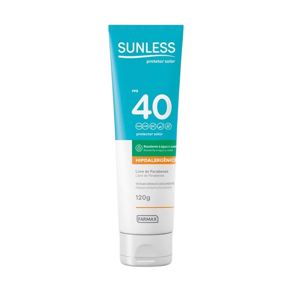 Protetor Solar FPS 40 Sunless Hipoalergênico Toque Seco 120g Farmax
