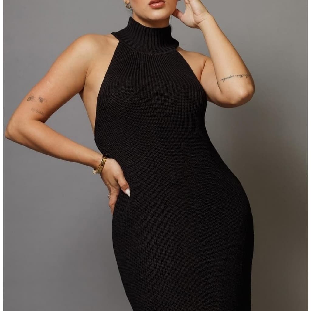 Vestido Cava Americana Garrafinha Tricot / Vestido Golinha / Vestido Tricô Cavado Gola Alta
