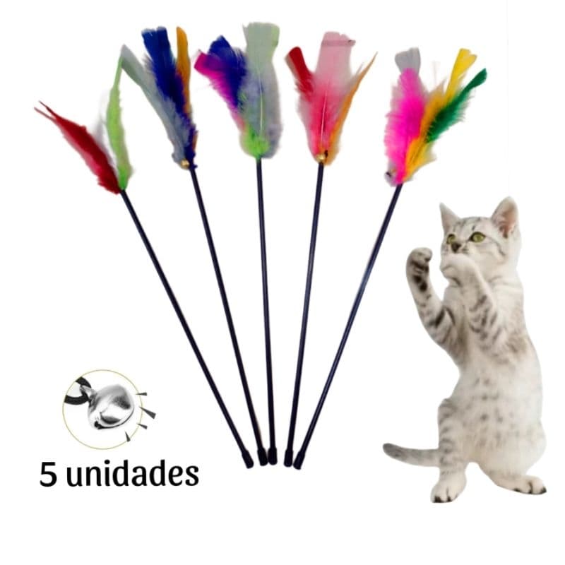 kit varinha para gato 5 unidades vareta com penas e sininho, varinha de gato