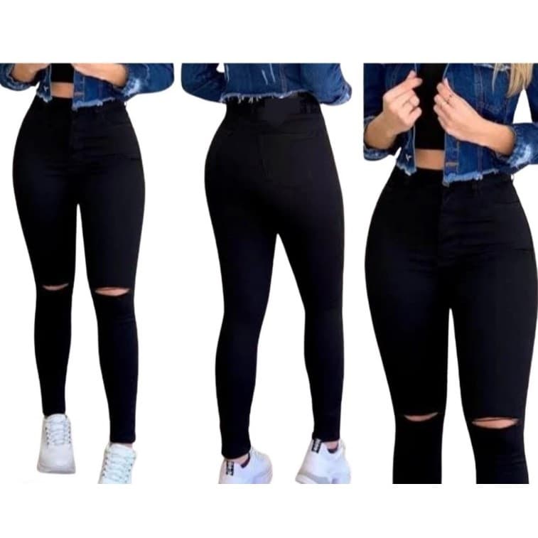 Calça jeans Feminina com lycra Cintura Alta Efeito Empina BumBum Promoção Preta Lisa