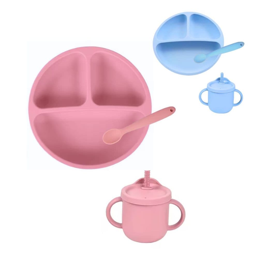 Kit Prato Infantil Bebe De Silicone Com Copo e Talher Prato Redondo Com 3 Divisórias E Ventosa