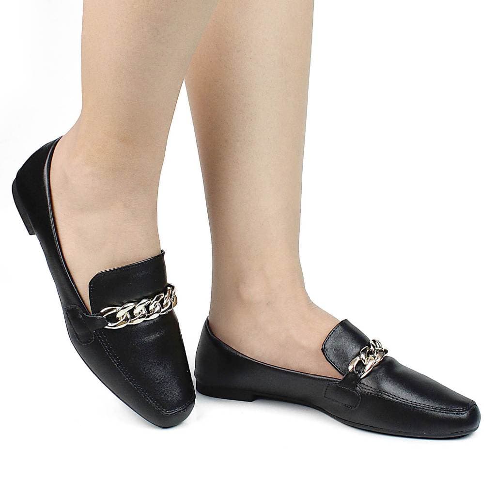 Mocassim Feminino Bico Quadrado Elegante Casual Confortavel Abs Corrente Preto Off-white Rosa Nude