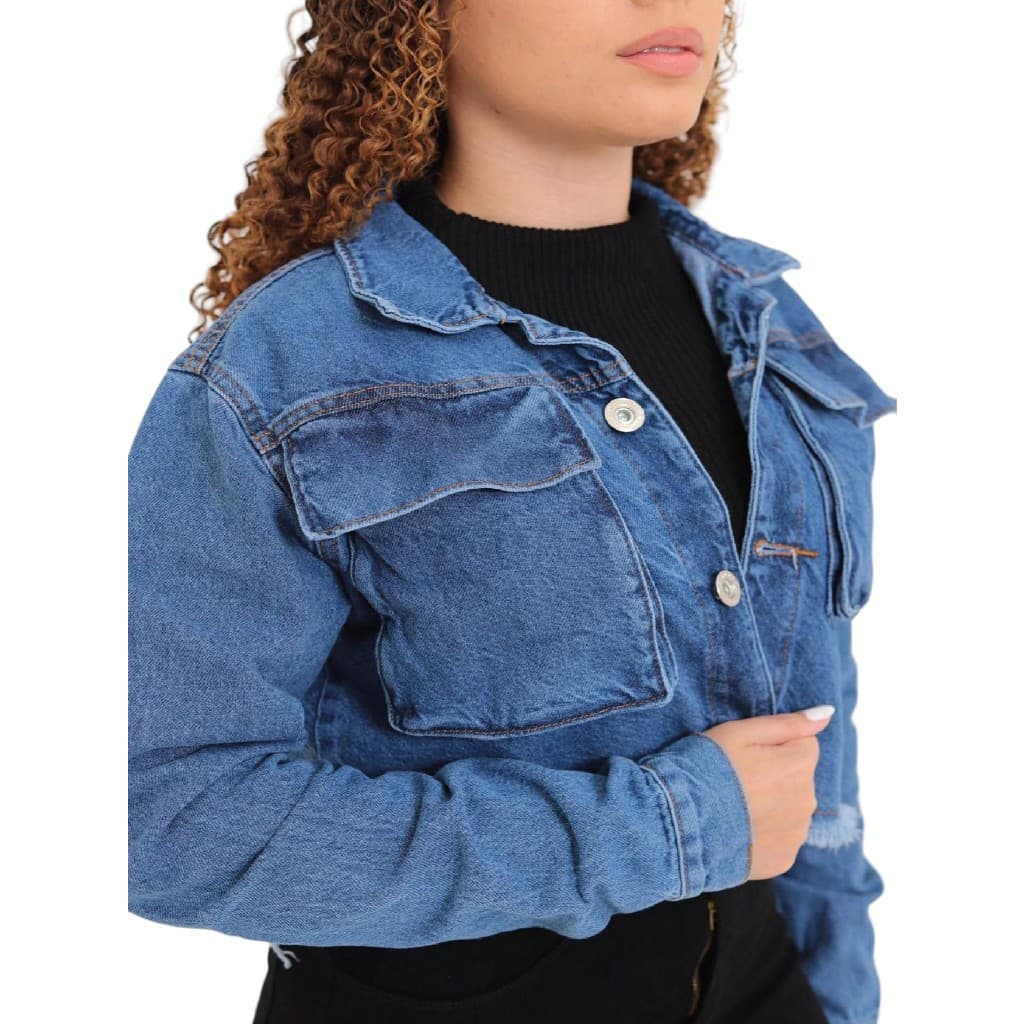 Jaqueta Jeans Cropped Bolso Barra Desfiada Moda Feminina