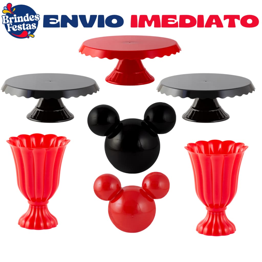Kit Festa Mickey - 3 Boleira Slim + 2 Vasos Slim + 2 Cabeça Mickey Decorativa - Decoração - Festa - Aniversario Novo