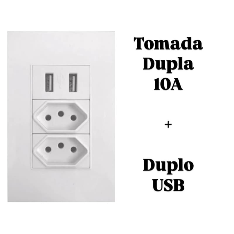 Tomada Dupla 3 Pinos Com Entrada Usb DUO LINHA PREMIUM 5V Bivolt - 4 em 1 Carregamento Rápido