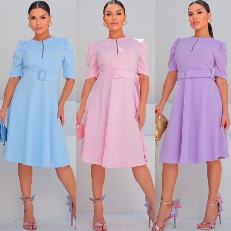 Vestido midi gode ziper manga bufante moda evangélica
