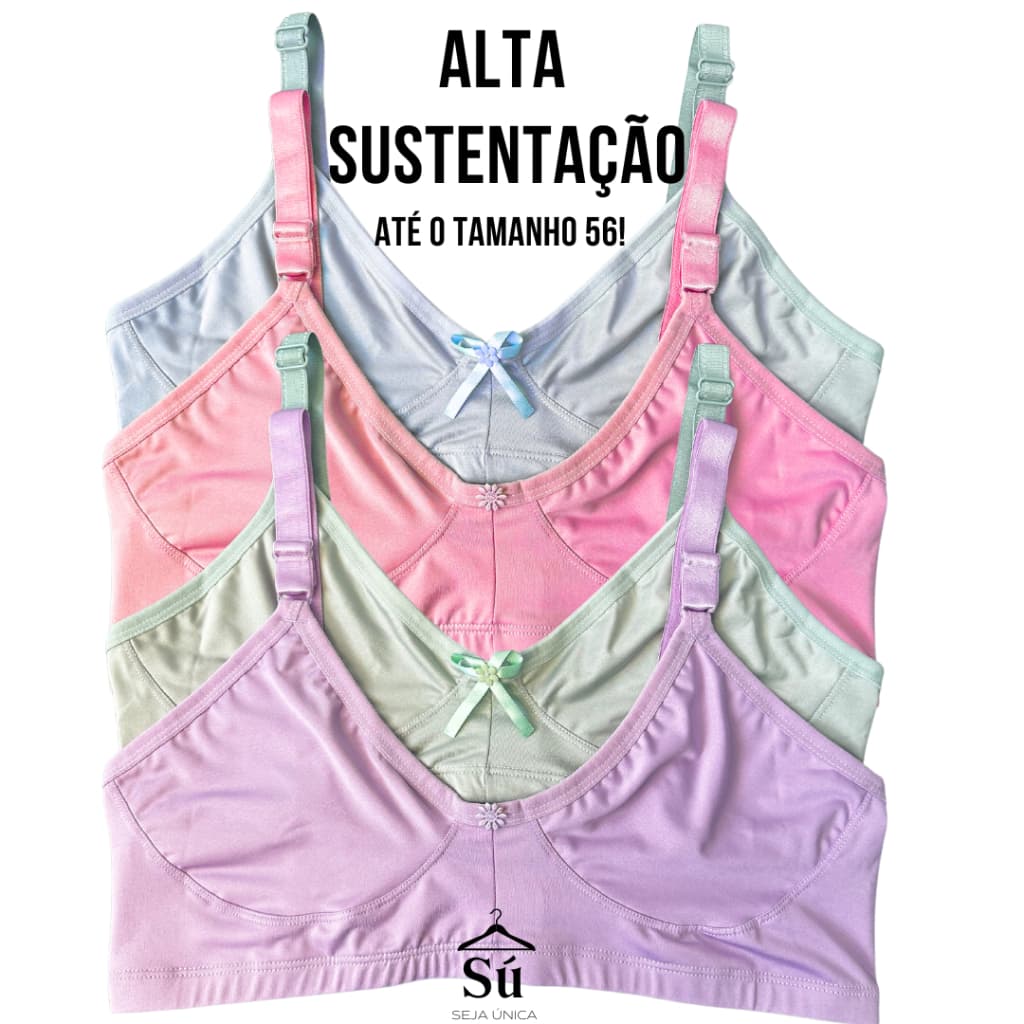 Kit 4 Sutiãs PLUS SIZE Alta Sustentação Reforçado Alças Grossas Soutien Liso Tecido Duplo Seja Única