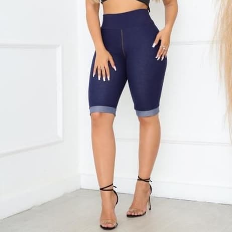 Shorts Jeans Bermuda Feminina Skinny Cintura Alta com Bolsos