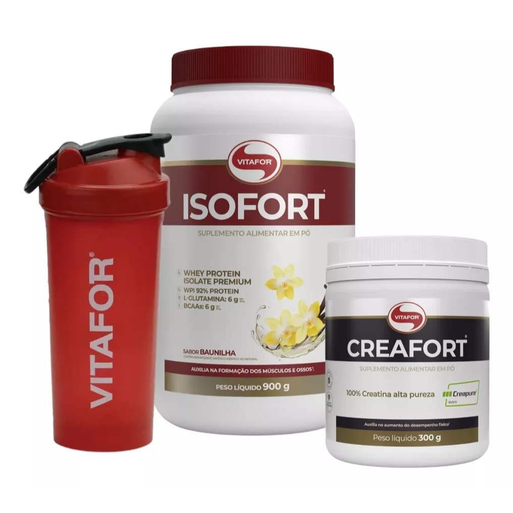 Kit Whey Isofort 900g + Creatina Creapure 300g + Coqueteleira