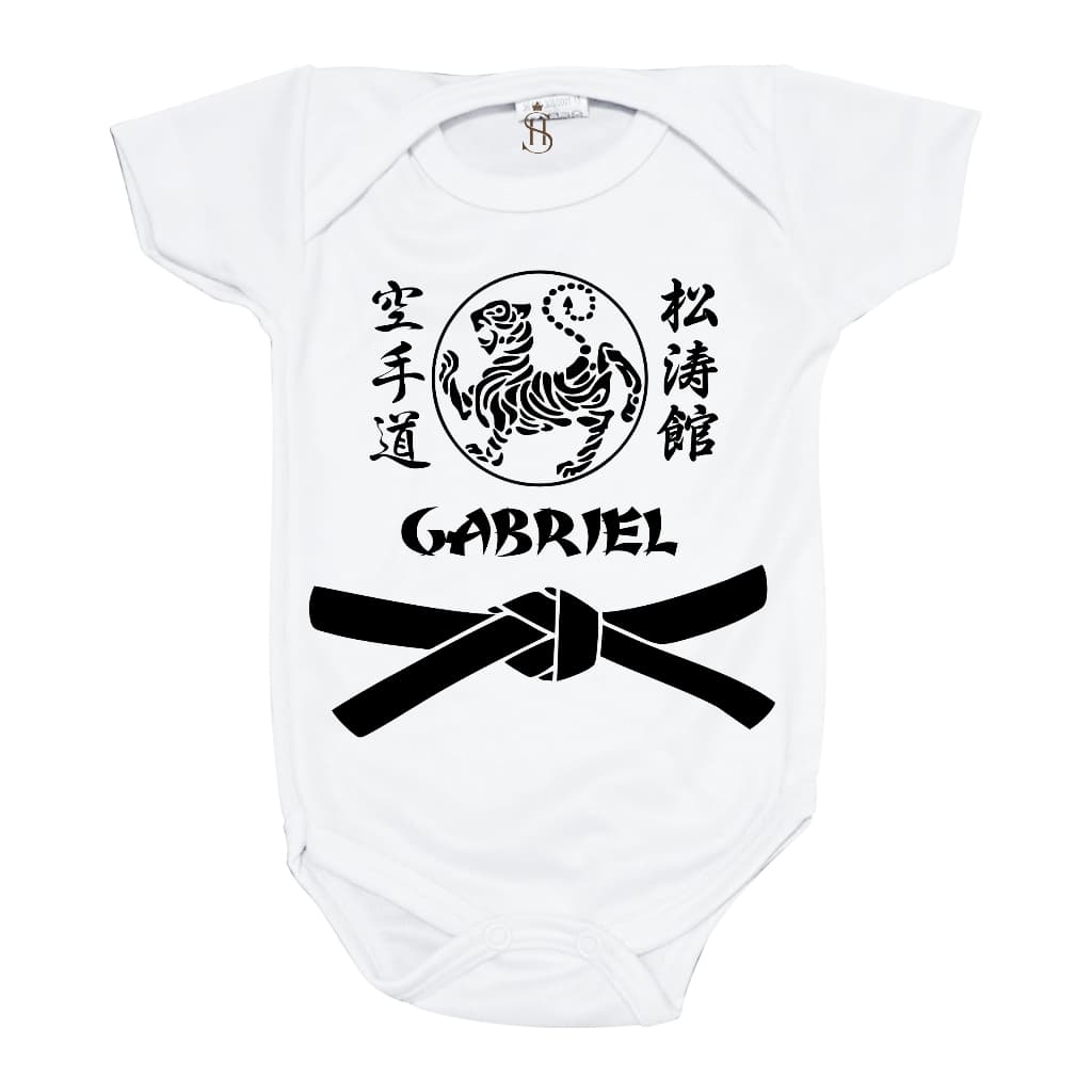 Body Infantil Bebê Branco Estampa Arte Marcial Karate Faixa Preta Personalizado com Nome