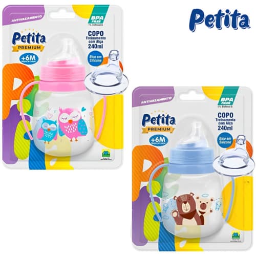 Copo Cristal 240ml Antivazamento Bico Silicone com Alça - Infantil Treinamento Petita