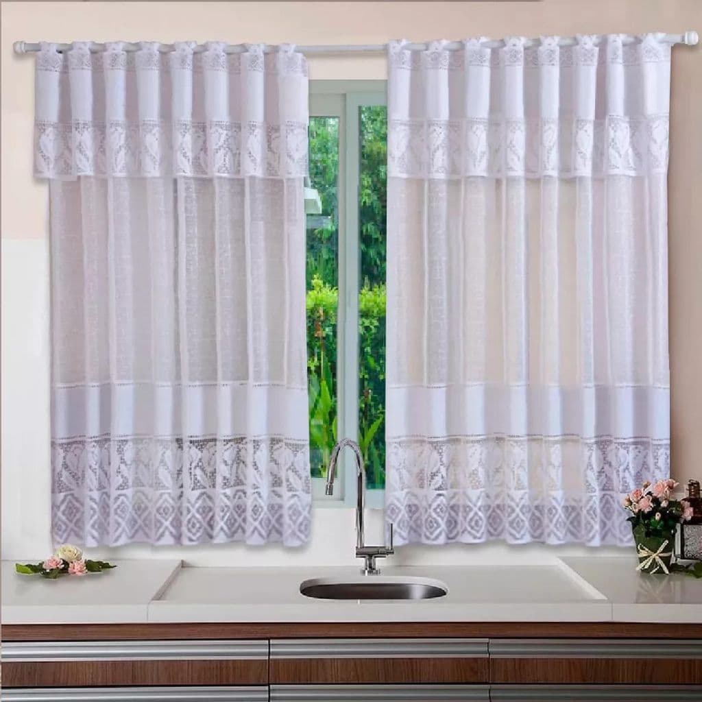 Cortina de Cozinha Renda Tulipa Branca 1,30m x 2,60m Cortina de janela Translucida com Bando