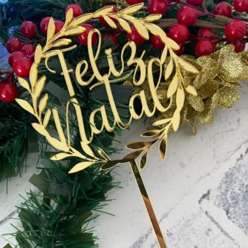 Topo de Bolo Feliz Natal Acrílico Espelhado Dourado Decoração Moderno Elegante Topper 20cm x 13cm