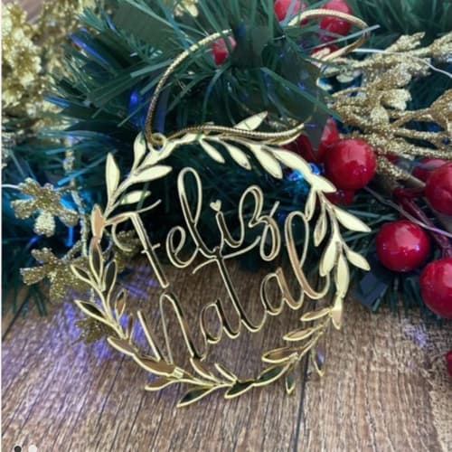 Enfeite de Natal Guirlanda Árvore Decoração Feliz Natal Acrílico Espelhado Corte a Laser 10cmx10cm
