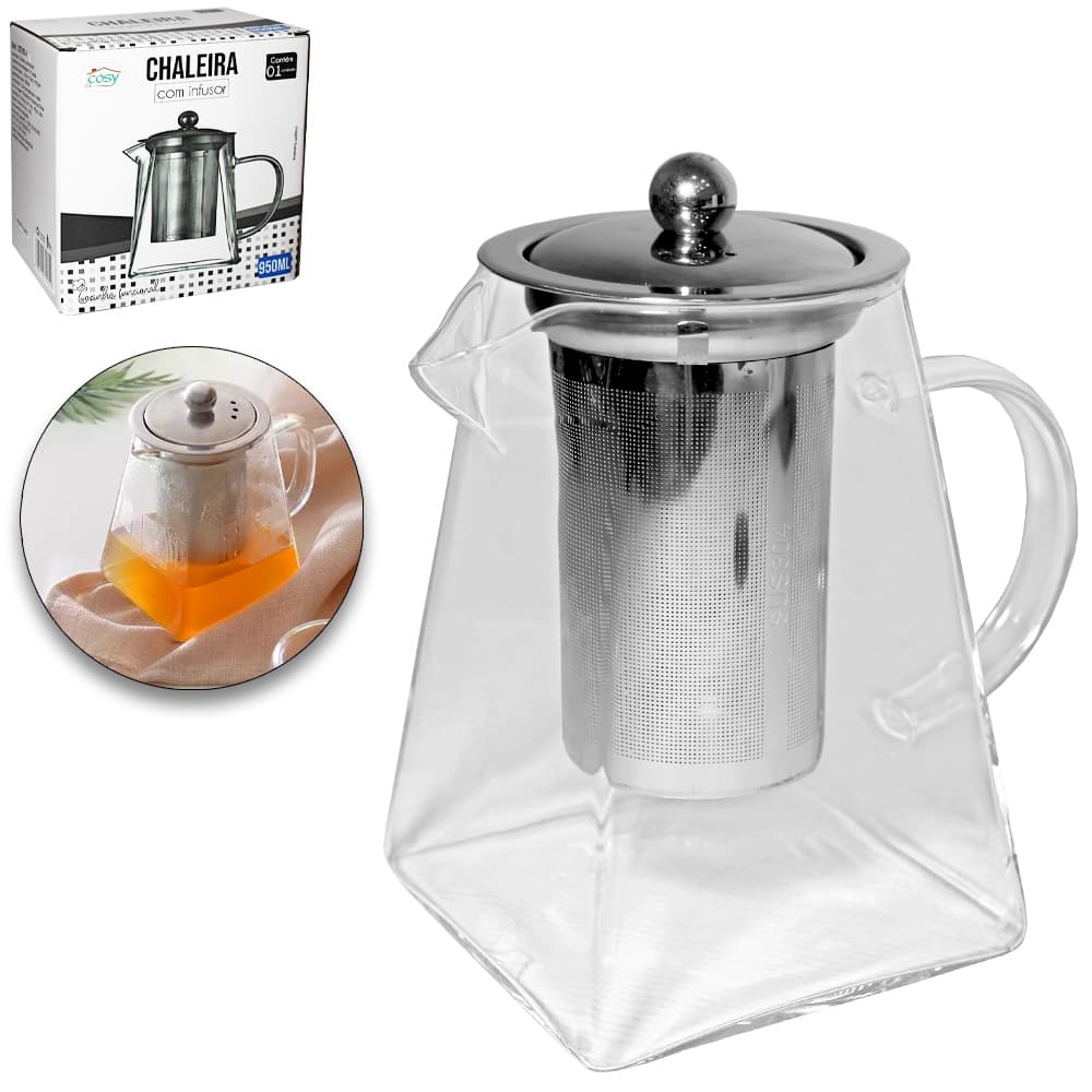 CHALEIRA DE VIDRO COM INFUSOR E TAMPA DE INOX 280ML/550ML/950ML