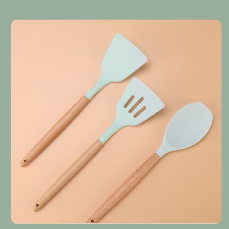 12 Pcs Silicone Cabo Madeira Decoração Utensílios De Cozinha Colheres Espatula