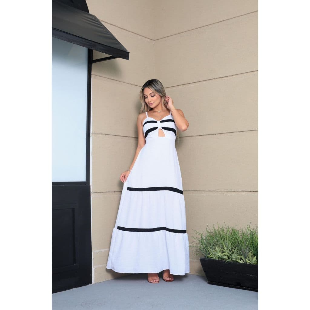 Vestido chique longo alça fina camadas babado listrado preto e nude festa