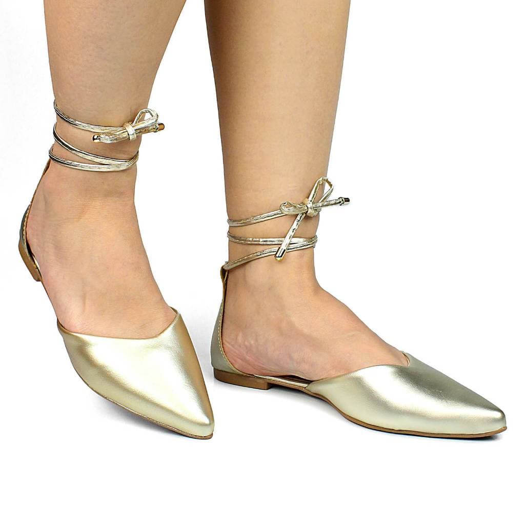 Mule Feminino Sapatilha Bico Fino Duas Opções De Amarração Versátil Dourado Preto Nude Rosa
