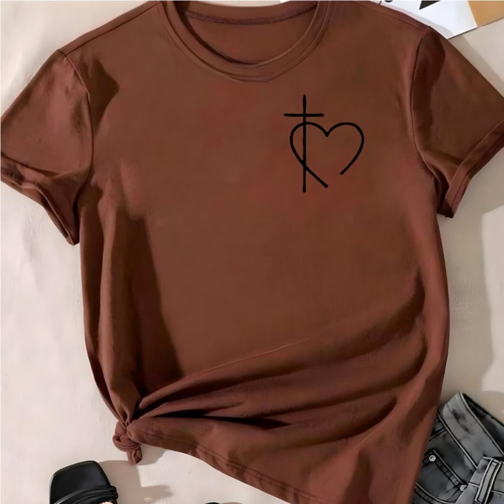 T-shirt Blusa Linda Coração Cruz Fé Camiseta Feminina Camisa