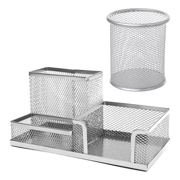 KIT PORTA CANETA ORGANIZADOR DE MESA ESCRITÓRIO CLIPS LÁPIS PRATA