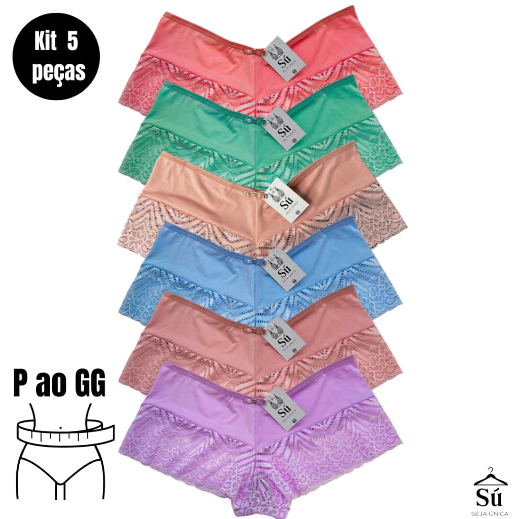 Kit 5 Calcinhas Luxo Renda Box Shortinho Cueca Feminina Forro Algodão