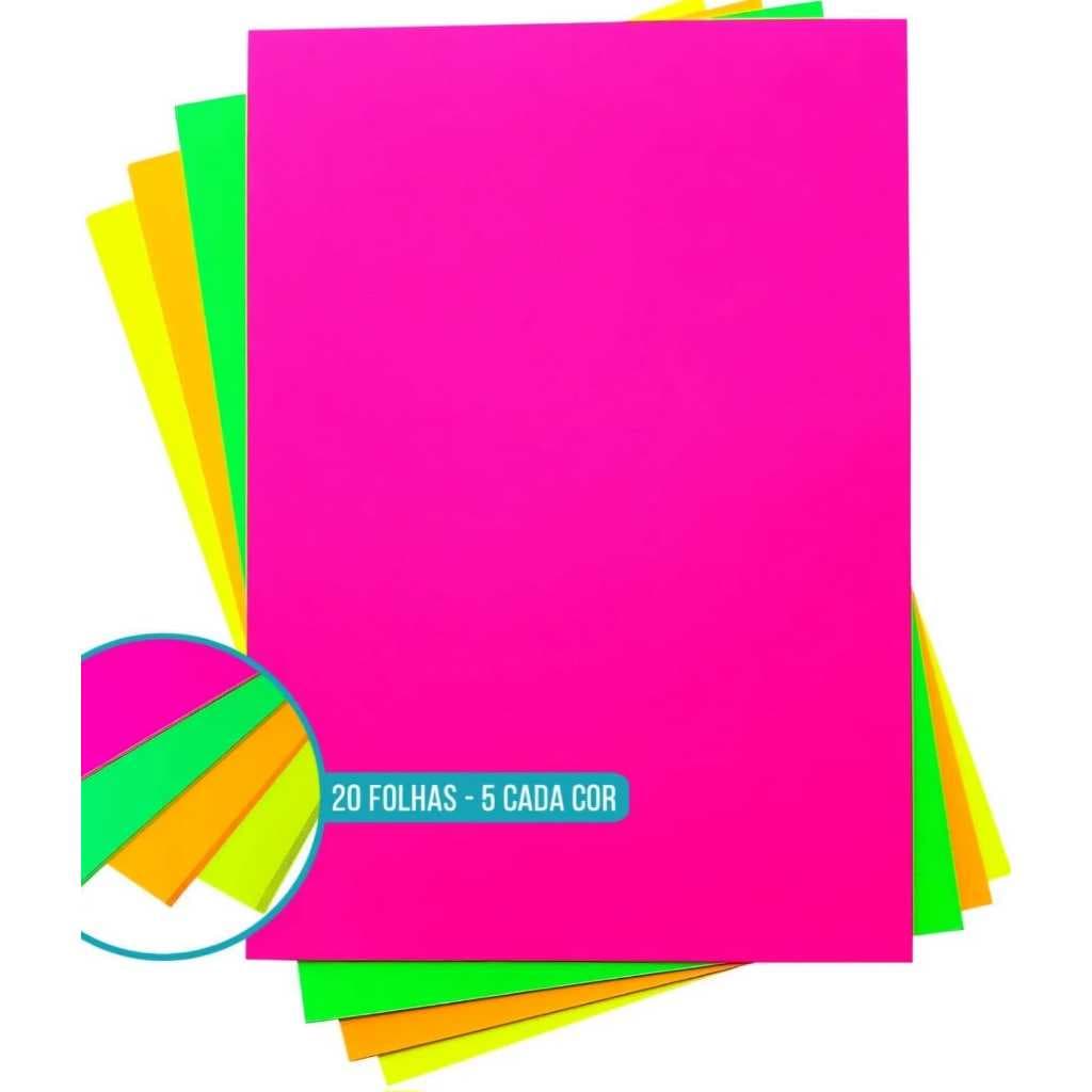 Papel Offset especial NEON 180g premium liso mix 4 cores FLUORESCENTE com 20 folhas A4  massa branca