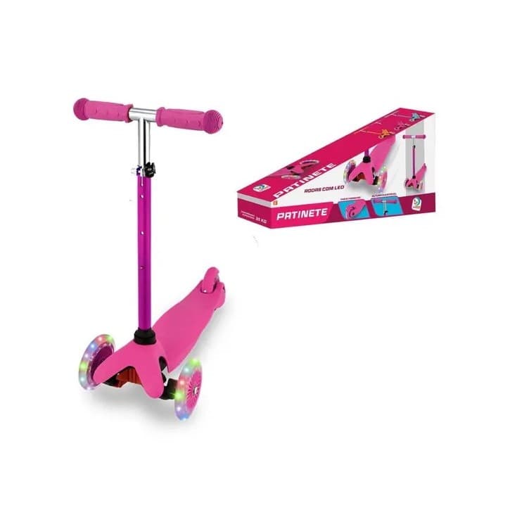 Patinete Rosa Rodas de LED Infantil Altura Ajustável 3 Rodas - Cardoso Toys