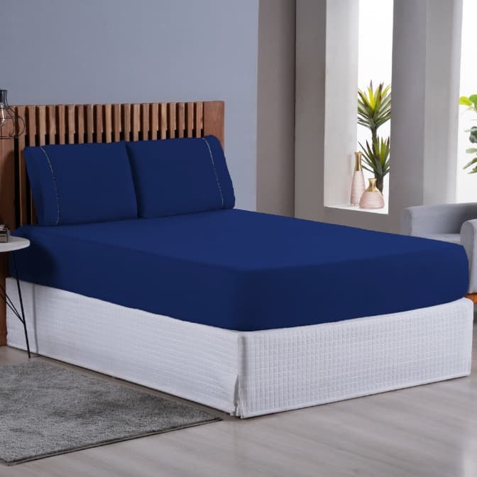 Jogo de Lençol Ponto Palito 03 Peças 400 Fios Cama Casal Queen 1.98m X 1.58m Micropercal