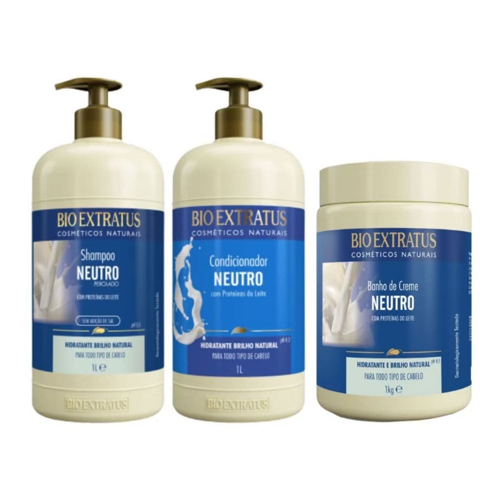 Kit Neutro Shampoo, Condicionador e Banho de Creme Bio Extratus - 1L Hidratação