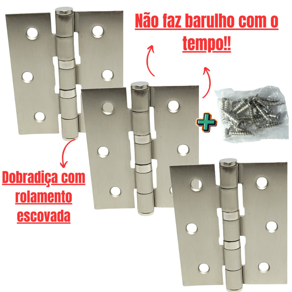 Dobradiça com rolamento Aço escovado reforçada Dobradica para portas de madeira pesada 3 dobradiças