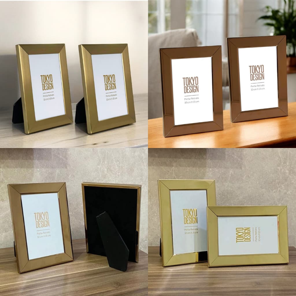 Kit 2 Porta Retratos 10x15 de Aço Inox E Vidro Luxe Rose Gold / Dourado