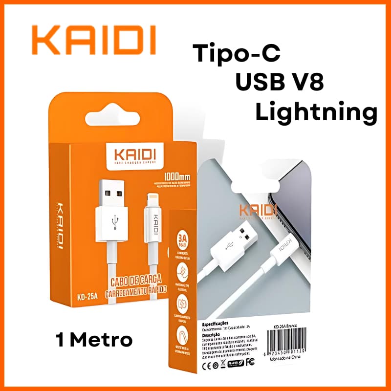 Cabo Kaidi Original Tipo-C USB V8 Lightning Branco Carregamento Rápido 3.A Resistente Cabo de Dados