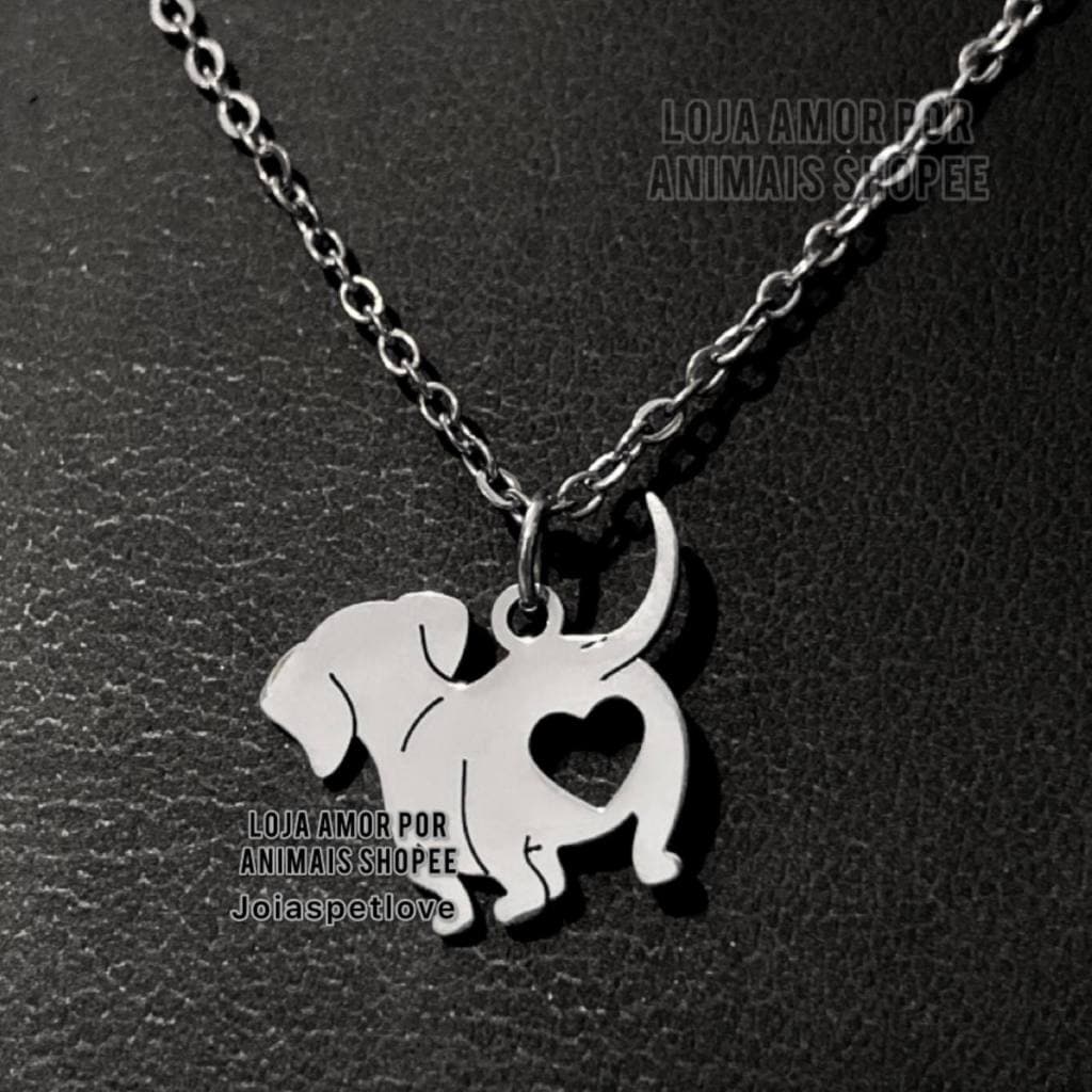 Colar Feminino Cachorro Salsicha Dachshund Aço inox - Colar Pet Pingente Cachorro Coração Vazado