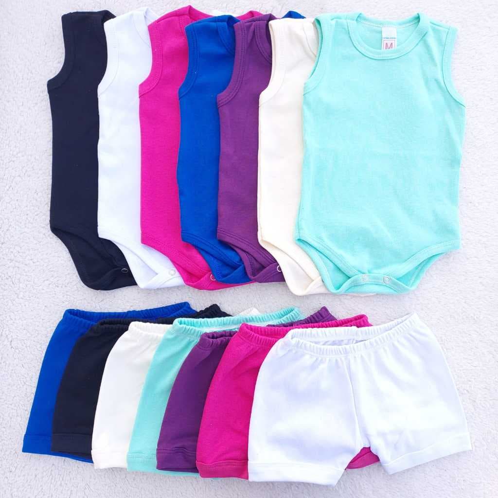 Kit 6 peças ( 3 Body Regatas / 3 Shorts ) BEBÊ / INFANTIL Cores diversas Suedine 100% Algodão