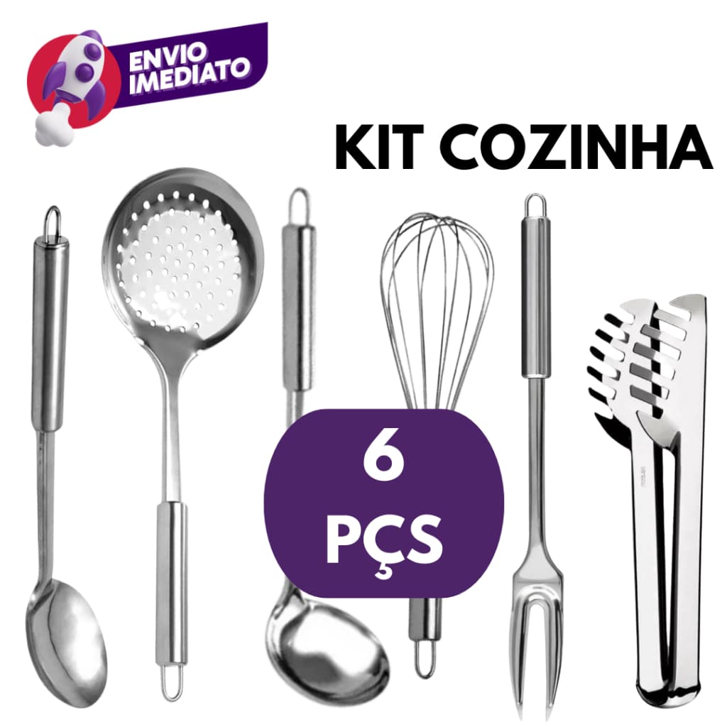 Kit 06 Un. Utensílios Cozinha Inox Concha Colher Arroz Garfo Trinchante Escumadeira Pegador Batedor