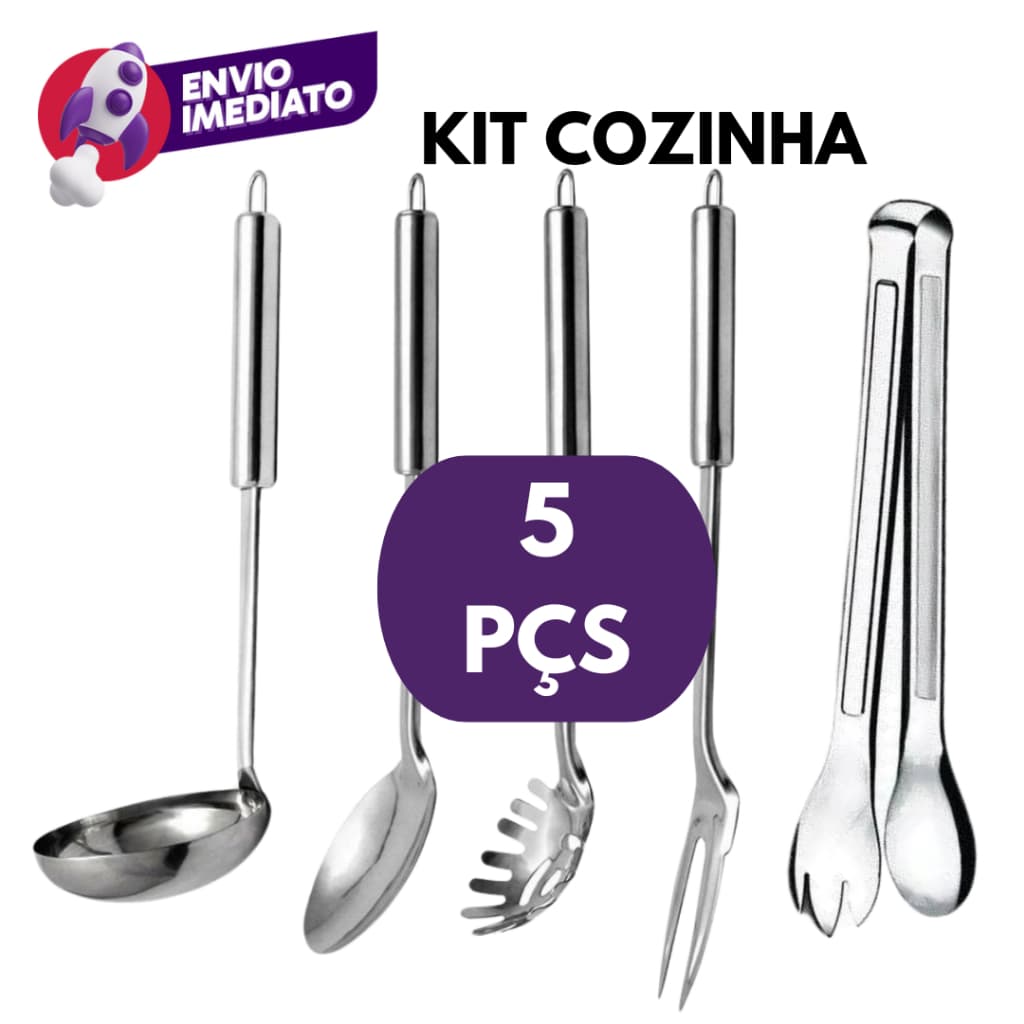 Kit 05 Un. Utensilios Cozinha Inox Concha Colher Arroz Pegador Massa Garfo Trinchante Pegador Salada