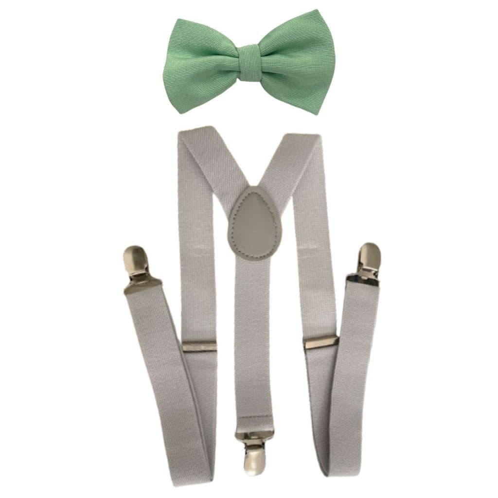Kit Suspensório Cinza com Borboleta Verde Menta Premium Adulto Para Padrinhos de Casamento