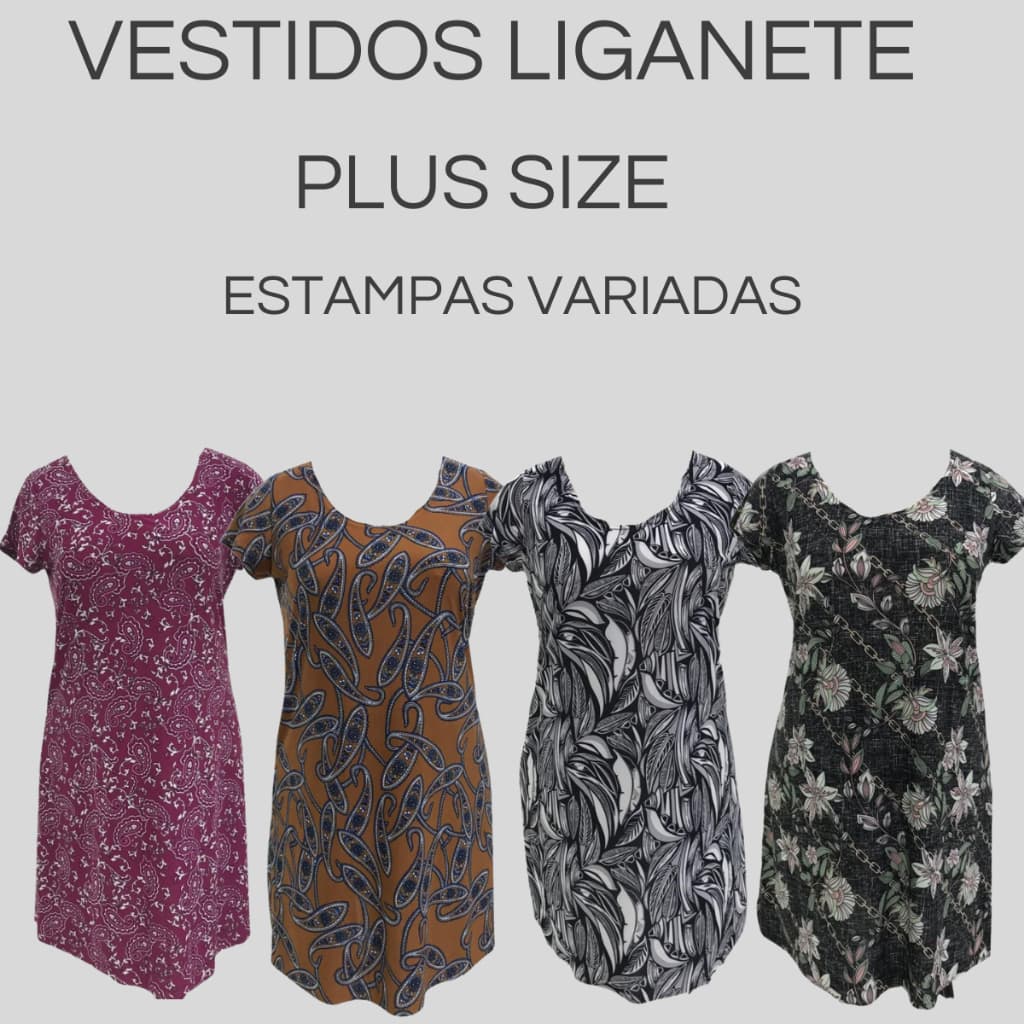Vestido Liganete Plus Size Manga Curta Estampas Variadas Barato