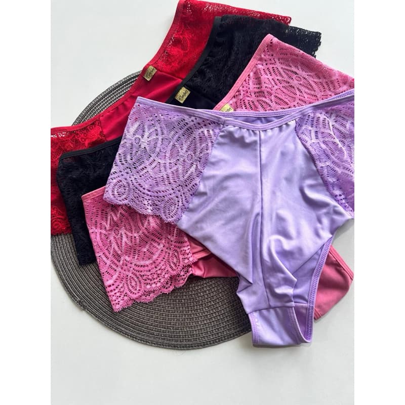 Kit 5 Calcinhas Plus Size Fio Duplo Três Pontos Calça Plus 48 50 52 Rendada Cintura Alta