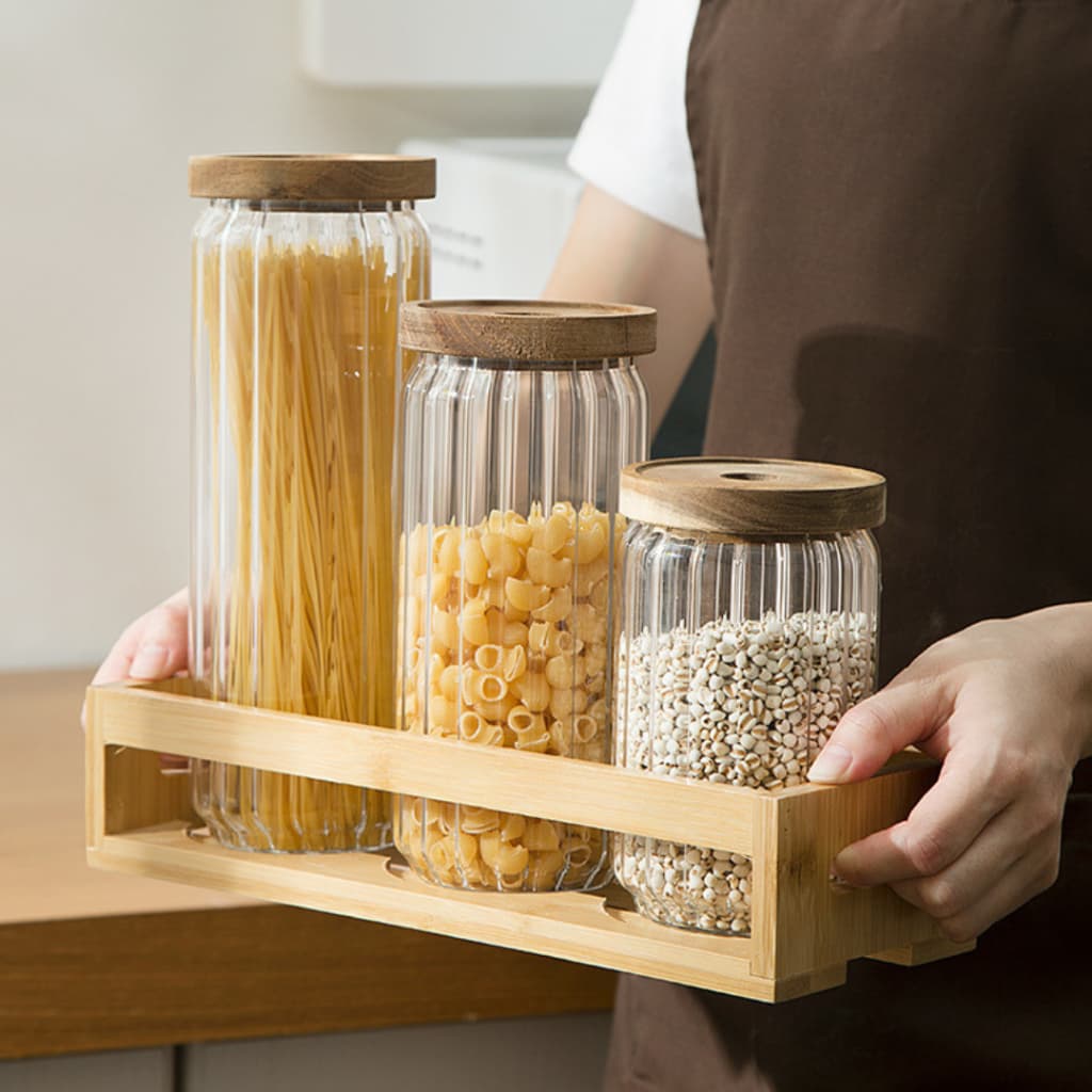 Pote Para Cozinha Com Tampa Hermética Acácia Kit 800l 1100l 1400l Porta Alimento Grão Café Macarrão