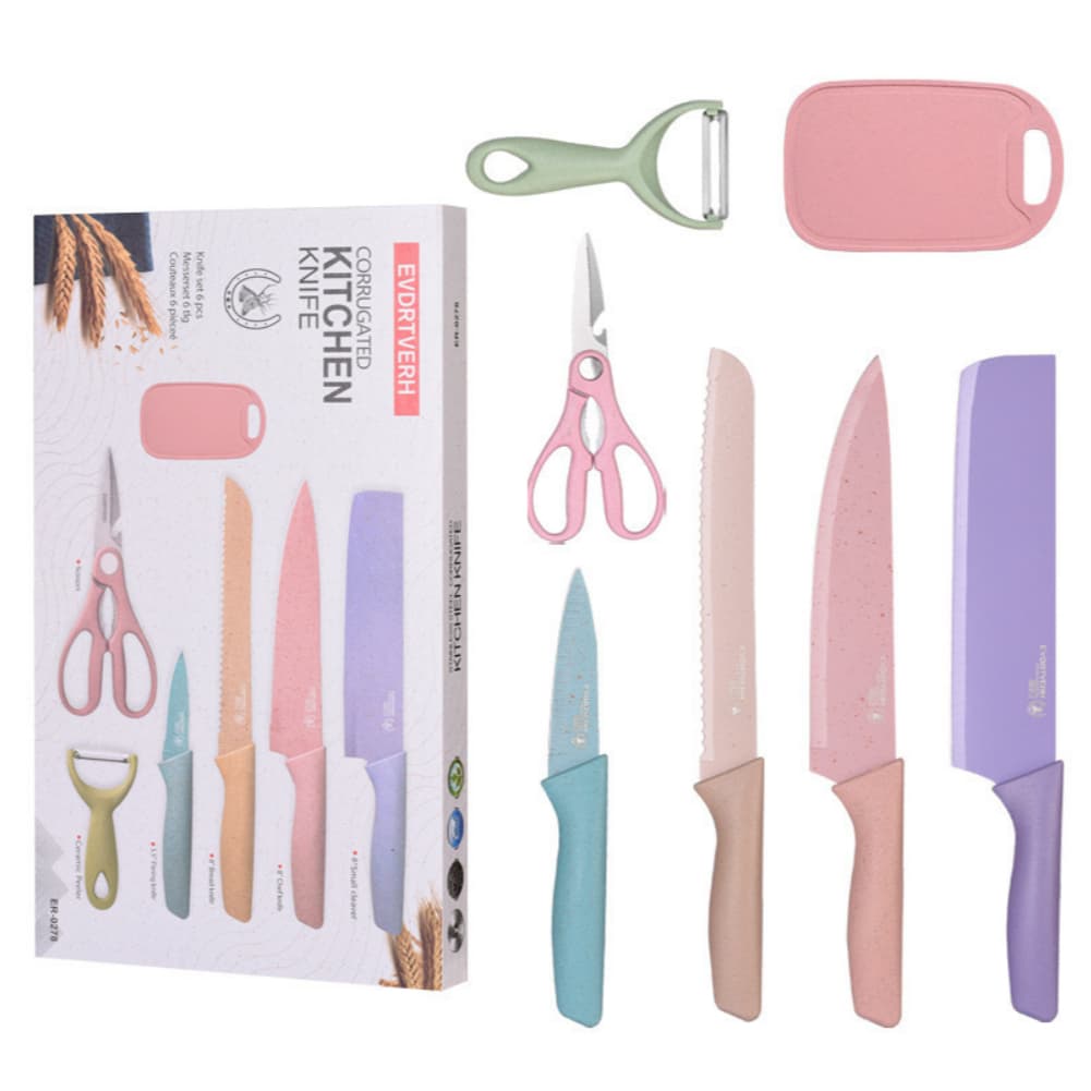 Kit 7 Jogo De Facas Corte De Cozinha Com Tabua Tesouras Descascador  Conjunto Ce Facas Coloridas