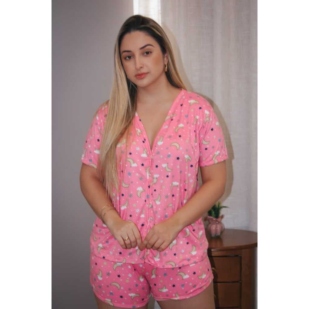 Pijama baby doll Americano, Blogueirinha, aberto com botões,  para amamentar e pós cirúrgico