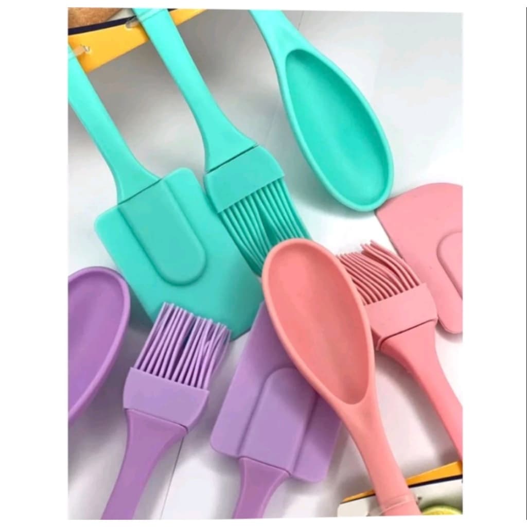 KIT 3 PECAS UTENSILIO COZINHA EM SILICONE PINCEL COLHER PÃO DURO