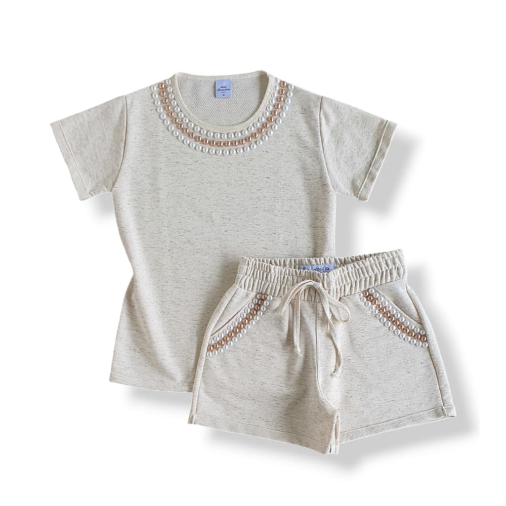 Conjunto Bordado Blusinha Shorts Moletom Linho Botonê Moda Feminina Verão Bordado Pérola Confortável